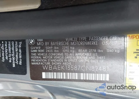 2007 BMW 650I z USA, uszkodzony, nr VIN WBAEK13587CN82481